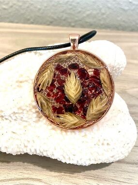 23. Handcrafted Sea Oats, garnet, and Rose Gold Resin Pendant Necklace